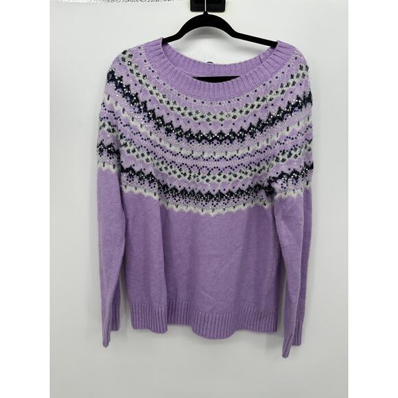Talbots Sweaters - Talbots Purple Fair Isle Sequin Knit Sweater Womens Sz‎ L Wool Blend Cozy Knit